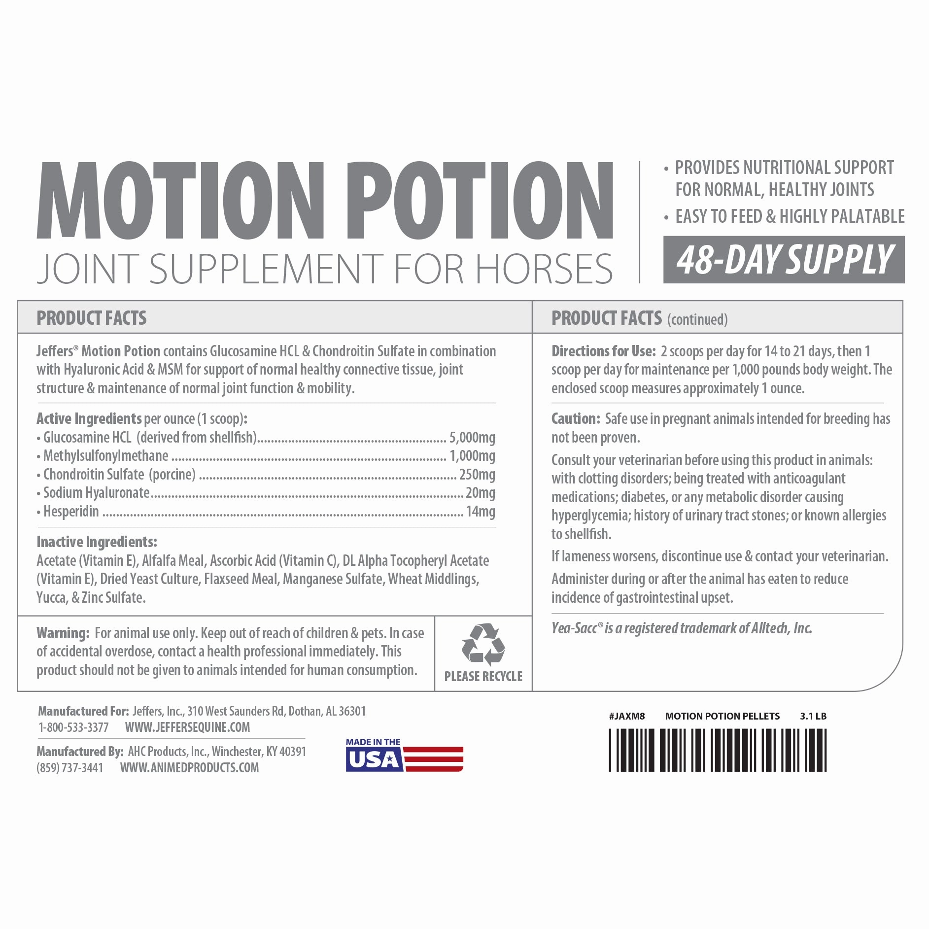 Jeffers Motion Potion Pellets Joint Supplement for Horses