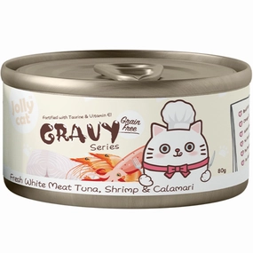 Jollycat Fresh White Meat Tuna, Shrimp & Calamari In Gravy Grain-Free Canned Cat Food 80g cat food cans soft cat food high protein cat food natural cat food senior cat food