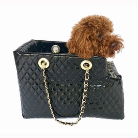 Kate Quilted Dog Carrier Black Patent dog bowtie leather collar dog charm dog party wear dog scarf set