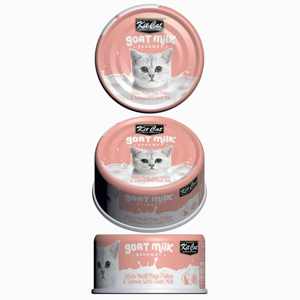 Kit Cat Goat Milk Gourmet White Meat Tuna Flakes & Salmon Grain-Free Canned Cat Food 70g
