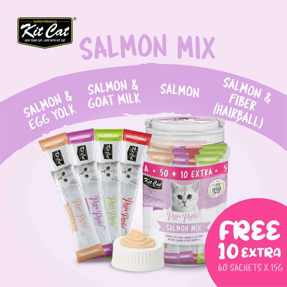 Kit Cat Purr Puree Salmon Mix Assorted Grain-Free Liquid Cat Treats 60 Sticks