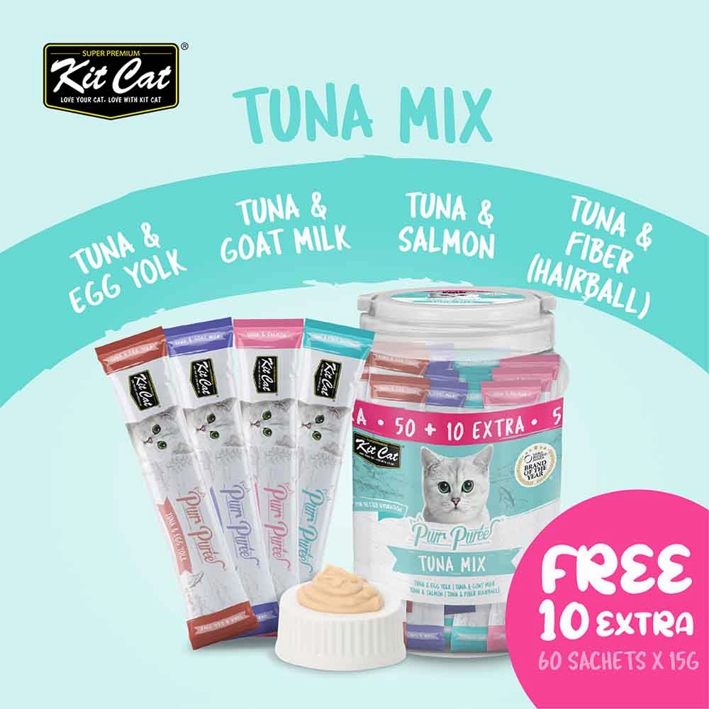 Kit Cat Purr Puree Tuna Mix Assorted Grain-Free Liquid Cat Treats 60 Sticks