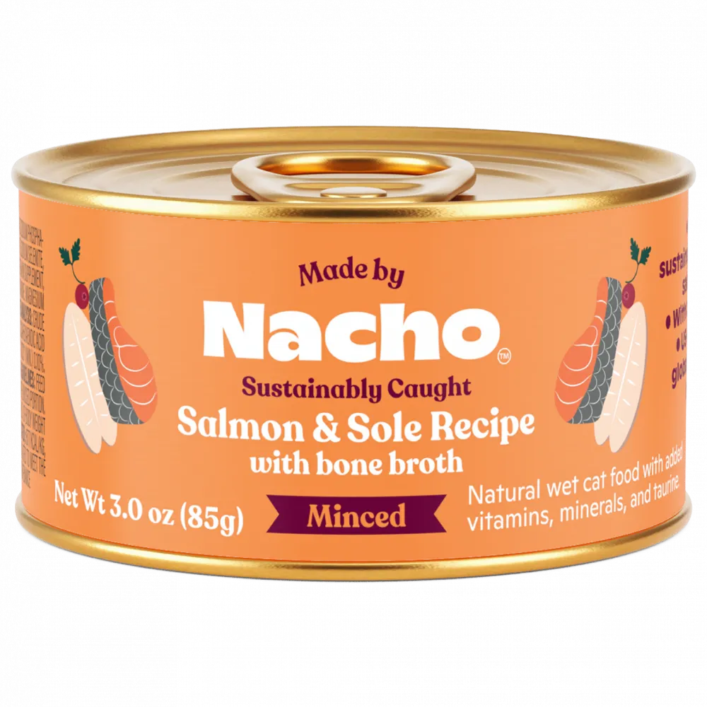 Made By Nacho Sustainably Caught Minced Salmon & Sole Recipe With Bone Broth cat calming diffuser cat stress relief anxiety cat treats cat relaxing spray pet mood aid