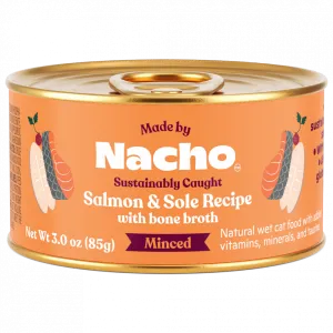 Made By Nacho Sustainably Caught Minced Salmon & Sole Recipe With Bone Broth cat calming diffuser cat stress relief anxiety cat treats cat relaxing spray pet mood aid