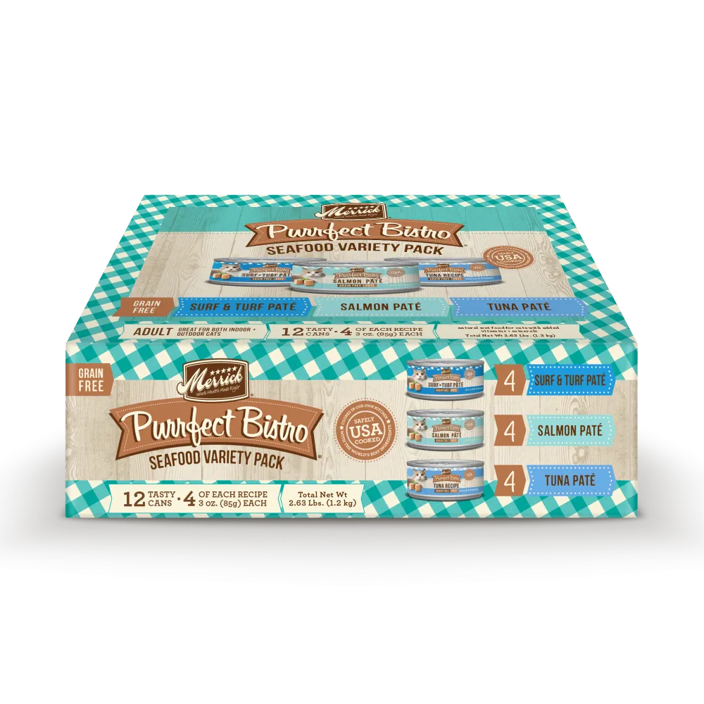 Merrick Purrfect Bistro Grain Free Seafood Pate Variety Pack Canned Cat Food cat calming diffuser cat stress relief anxiety cat treats cat relaxing spray pet mood aid