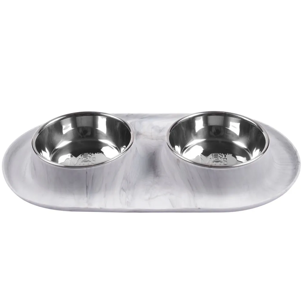 Messy Mutts Double Silicone Feeder With Stainless Steel Dog Bowls (Marble) dog bones rawhide chew sticks dog jerky bacon bone
