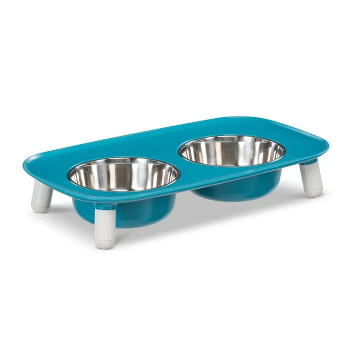 Messy Mutts Elevated Double Feeder with Stainless Bowls - Adjustable Height 3" to 10", 5 Cups Per Bowl - Blue