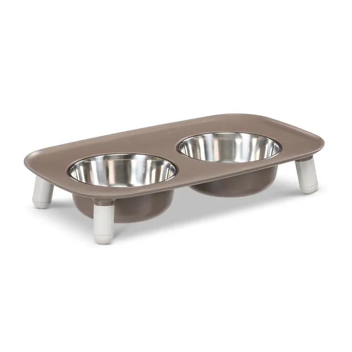 Messy Mutts Elevated Double Feeder with Stainless Bowls - Adjustable Height 3" to 10", 5 Cups Per Bowl - Grey