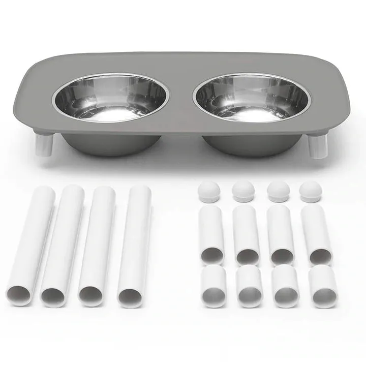 Messy Mutts Elevated Double Feeder with Stainless Bowls - Adjustable Height 3" to 10", 5 Cups Per Bowl - Grey dog pain relief hip joint supplement senior dog care pet arthritis aid dog skin supplement