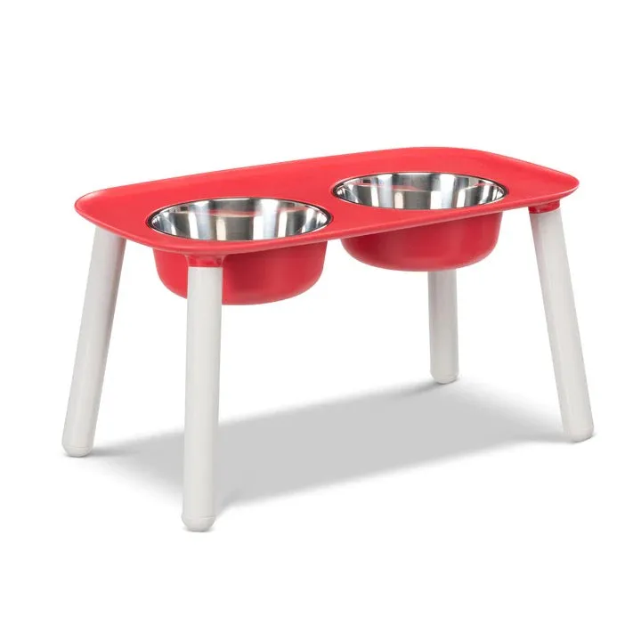 Messy Mutts Elevated Double Feeder with Stainless Bowls - Adjustable Height 3" to 10", 5 Cups Per Bowl - Red