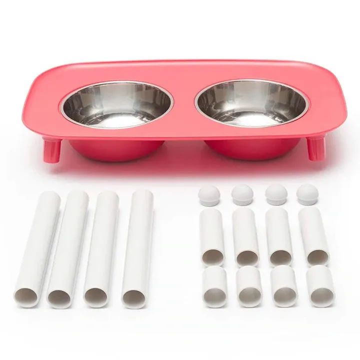 Messy Mutts Elevated Double Feeder with Stainless Bowls - Adjustable Height 3" to 10", 5 Cups Per Bowl - Red