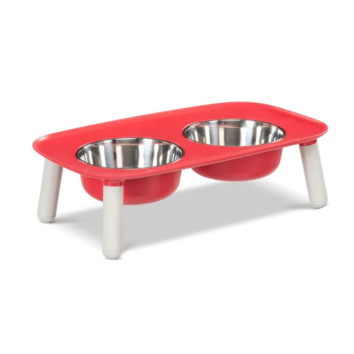 Messy Mutts Elevated Double Feeder with Stainless Bowls - Adjustable Height 3" to 10", 5 Cups Per Bowl - Red