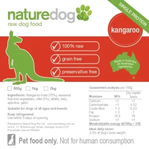 NatureDog Raw Kangaroo Frozen Dog Food 500g dog supplies dog food toys accessories dog bed