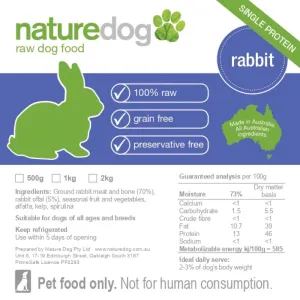 NatureDog Raw Rabbit Frozen Dog Food 500g dog supplies dog food toys accessories dog bed