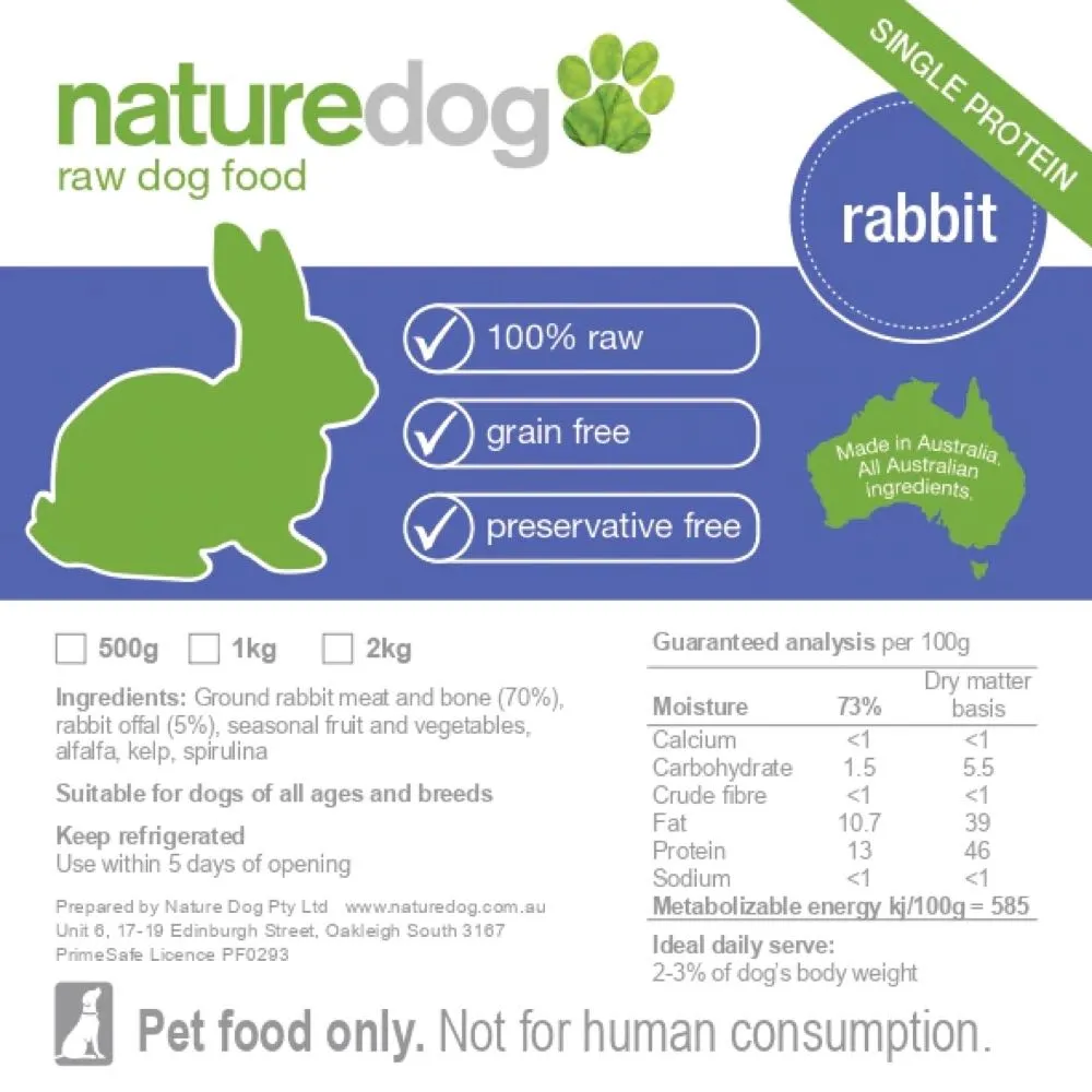 NatureDog Raw Rabbit Frozen Dog Food 500g dog supplies dog food toys accessories dog bed