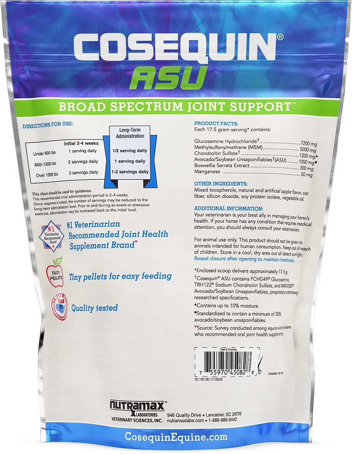 Nutramax Cosequin ASU Pellets Joint Health Supplement for Horses, 1420g