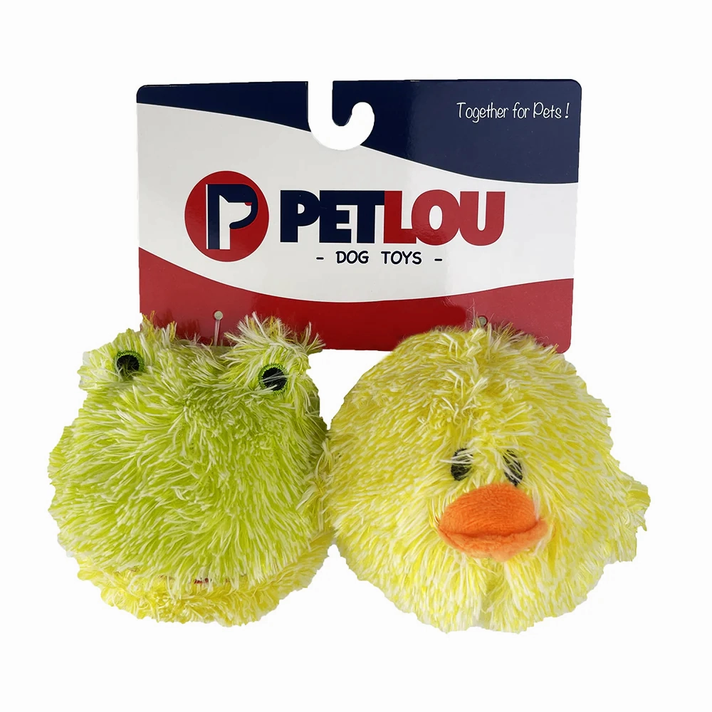 Petlou Plush Dog Toy - EZ Squeaky Twin Pack - Chick & Frog Ball 4"