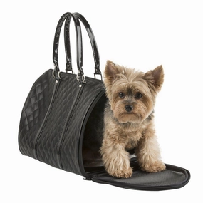 Petote JL Duffel Dog Carrier Black Quilted dog bowtie leather collar dog charm dog party wear dog scarf set