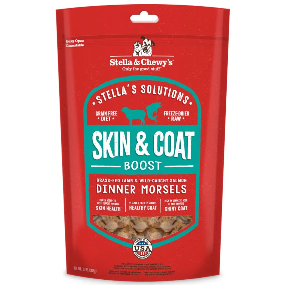 Stella & Chewys Stellas Solutions Skin & Coat Boost Lamb & Salmon Grain-Free Freeze-Dried Raw Dog Food dog sweater dog tuxedo dog dress holiday dog outfit dog birthday shirt