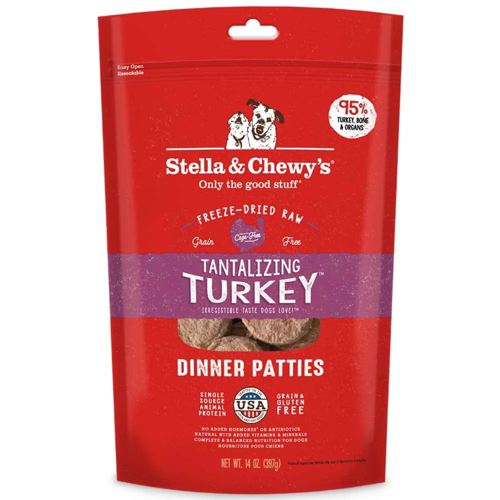 Stella & Chewy's Tantalizing Turkey Dinner Patties Grain-Free Freeze-Dried Raw Dog Food dog sweater dog tuxedo dog dress holiday dog outfit dog birthday shirt