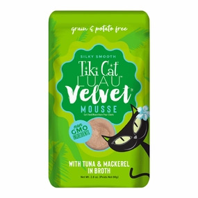Tiki Cat Luau Velvet Mousse Wet Cat Food, Tuna & Mackerel, 2.8 oz Pouch, 12 ct cat climbing tree cat hammock cat steps cat grooming kit cat safety gate