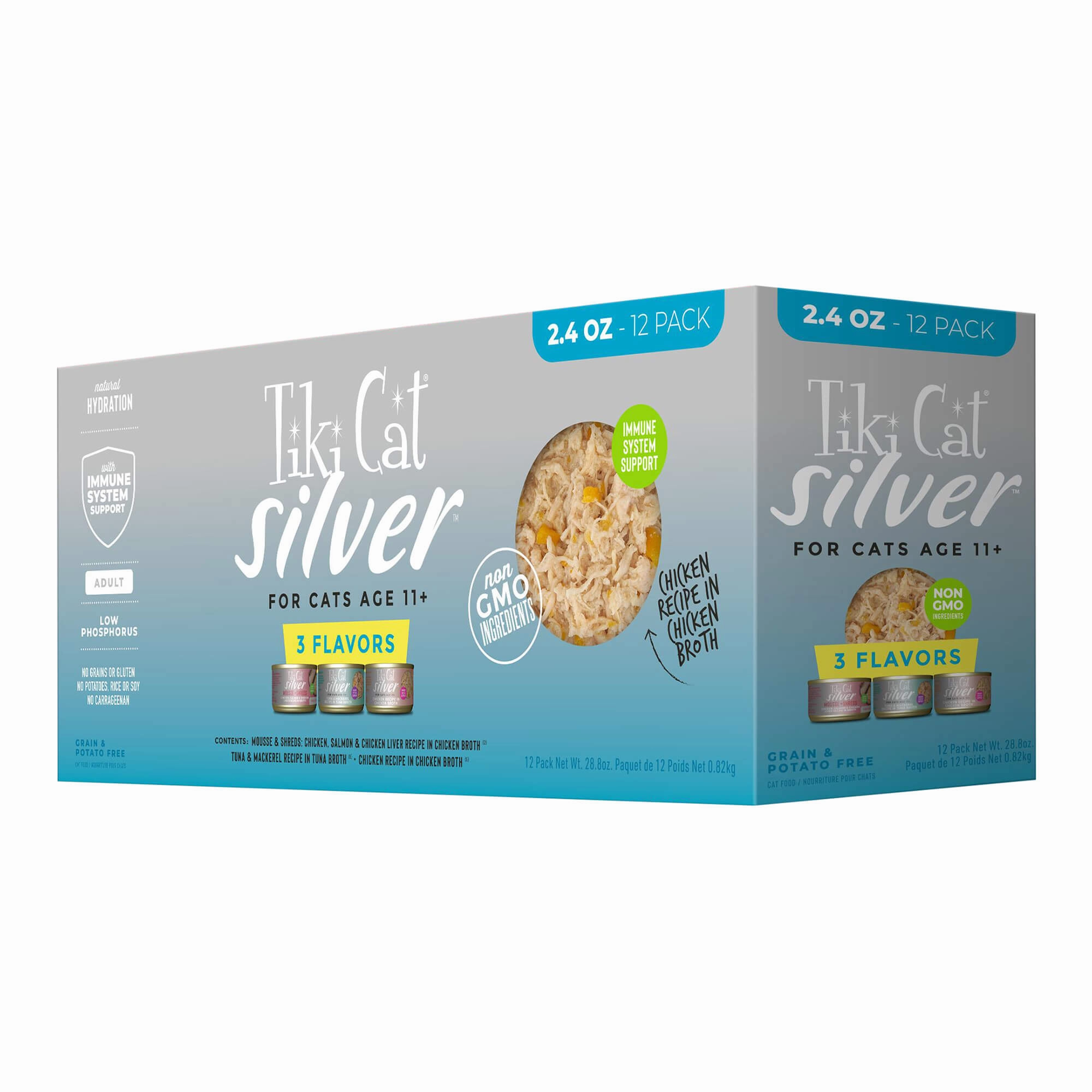 Tiki Cat Silver Wet Cat Food for Seniors, Variety Pack, 2.4 oz Cans, 12 ct cat climbing tree cat hammock cat steps cat grooming kit cat safety gate