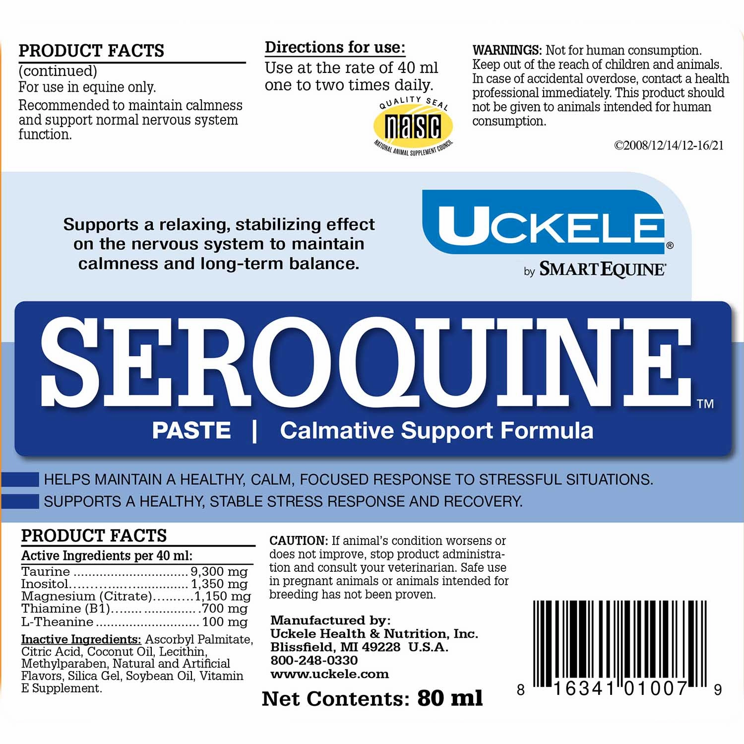 Uckele Seroquine Calming Support for Horses, Paste