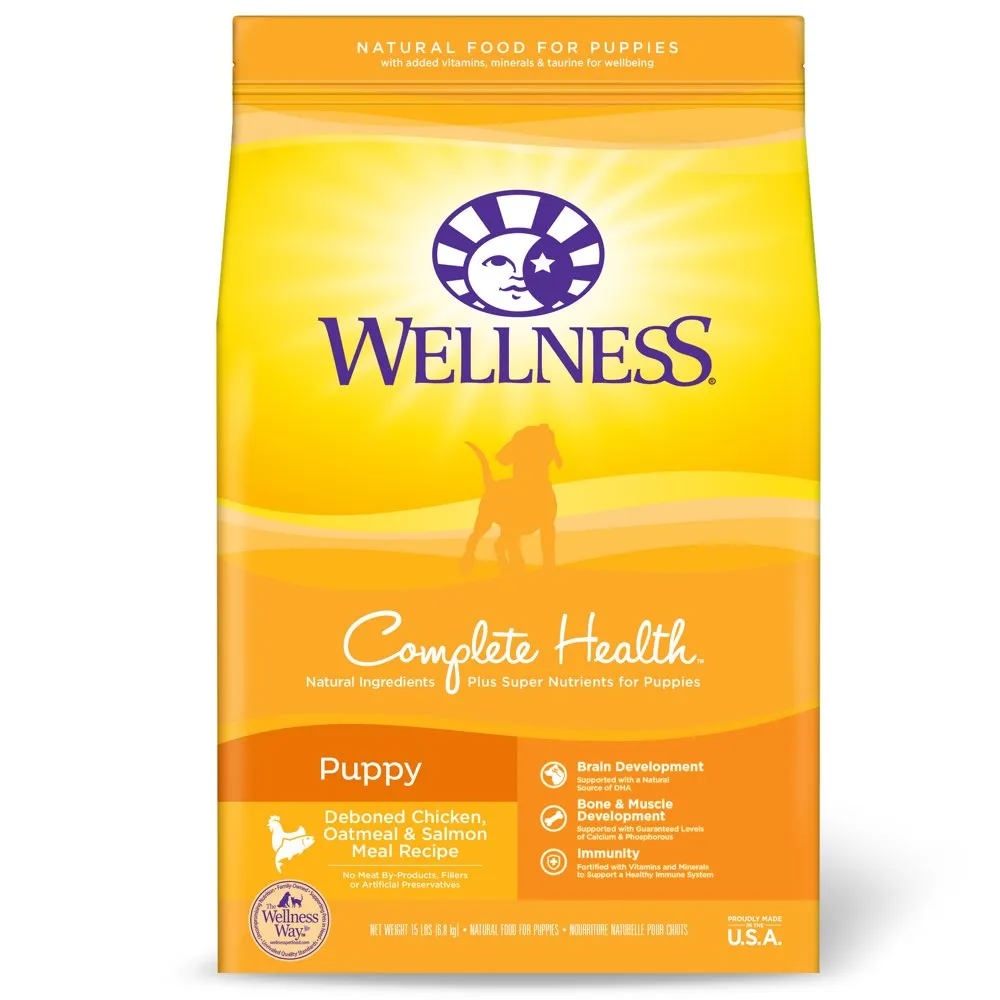 Wellness Complete Health Puppy Chicken, Oatmeal & Salmon Dry Dog Food dog sweater dog tuxedo dog dress holiday dog outfit dog birthday shirt