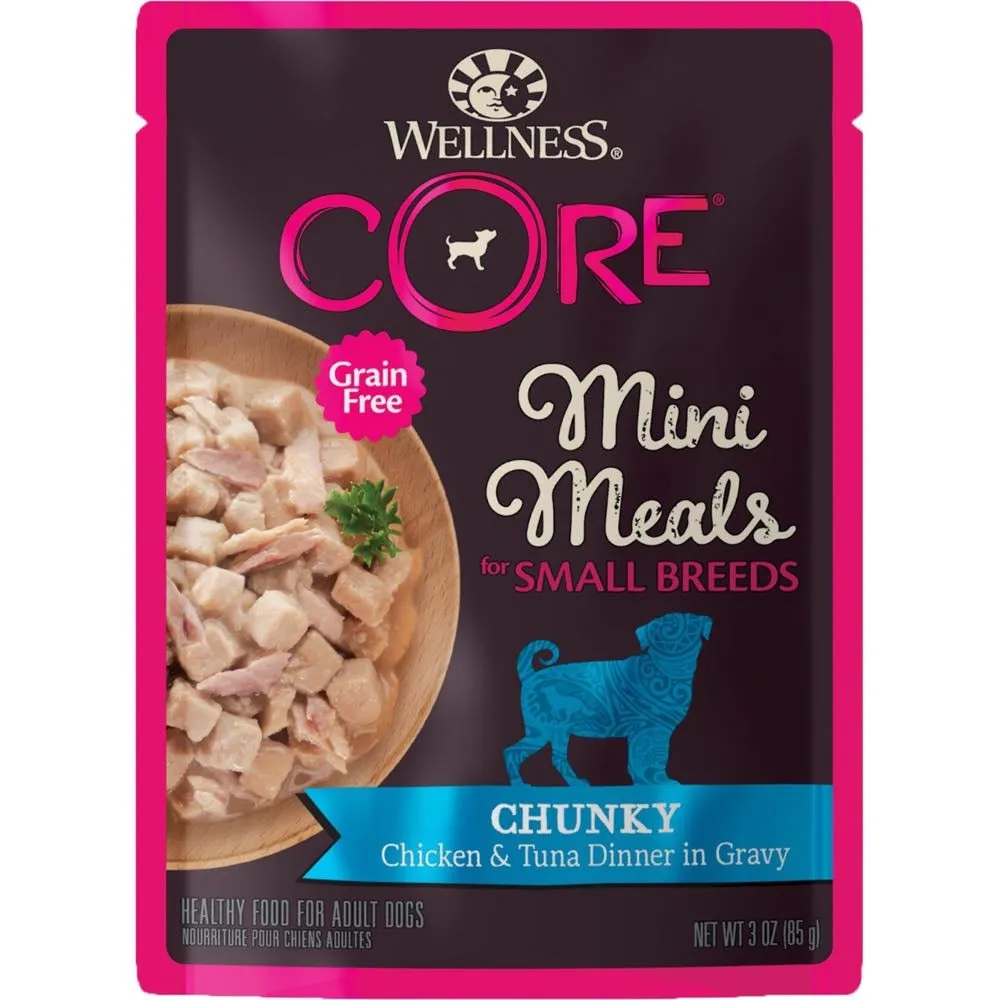 Wellness CORE Mini Meals Chunky Chicken & Tuna Dinner In Gravy Grain-Free Pouch Dog Food 3oz dog supplies dog food toys accessories dog bed
