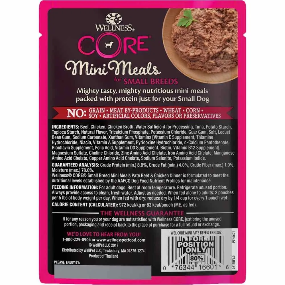 Wellness CORE Mini Meals Pate Beef & Chicken Dinner Grain-Free Pouch Dog Food 3oz