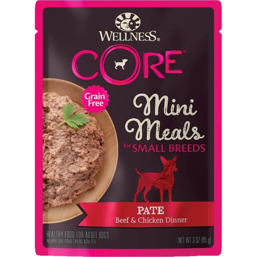 Wellness CORE Mini Meals Pate Beef & Chicken Dinner Grain-Free Pouch Dog Food 3oz dog supplies dog food toys accessories dog bed