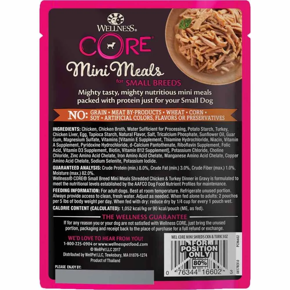 Wellness CORE Mini Meals Shredded Chicken & Turkey Dinner In Gravy Grain-Free Pouch Dog Food 3oz