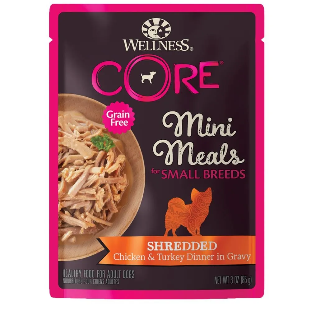 Wellness CORE Mini Meals Shredded Chicken & Turkey Dinner In Gravy Grain-Free Pouch Dog Food 3oz dog supplies dog food toys accessories dog bed