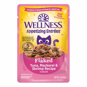 Wellness Appetizing Entrees Flaked Tuna, Mackerel & Shrimp Adult Pouch Cat Food 1.4oz cat snacks catnip treats healthy cat food cat reward treats low calorie cat food