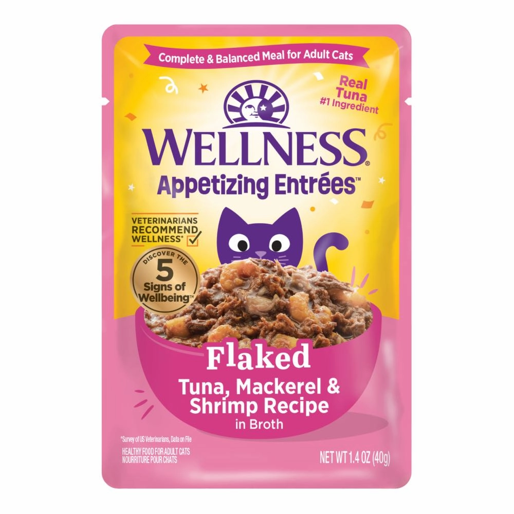 Wellness Appetizing Entrees Flaked Tuna, Mackerel & Shrimp Adult Pouch Cat Food 1.4oz cat snacks catnip treats healthy cat food cat reward treats low calorie cat food