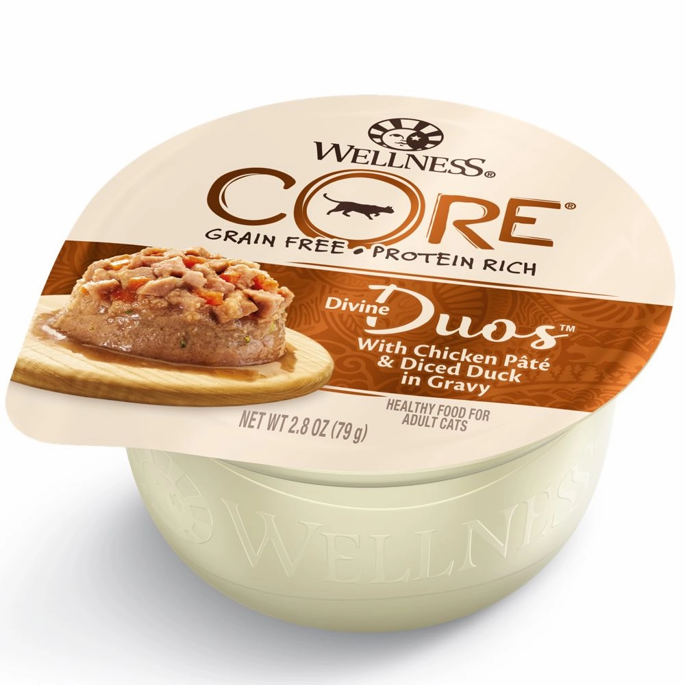 Wellness CORE Divine Duos Chicken Pate & Diced Duck In Gravy Wet Cat Food 2.8oz cat snacks catnip treats healthy cat food cat reward treats low calorie cat food