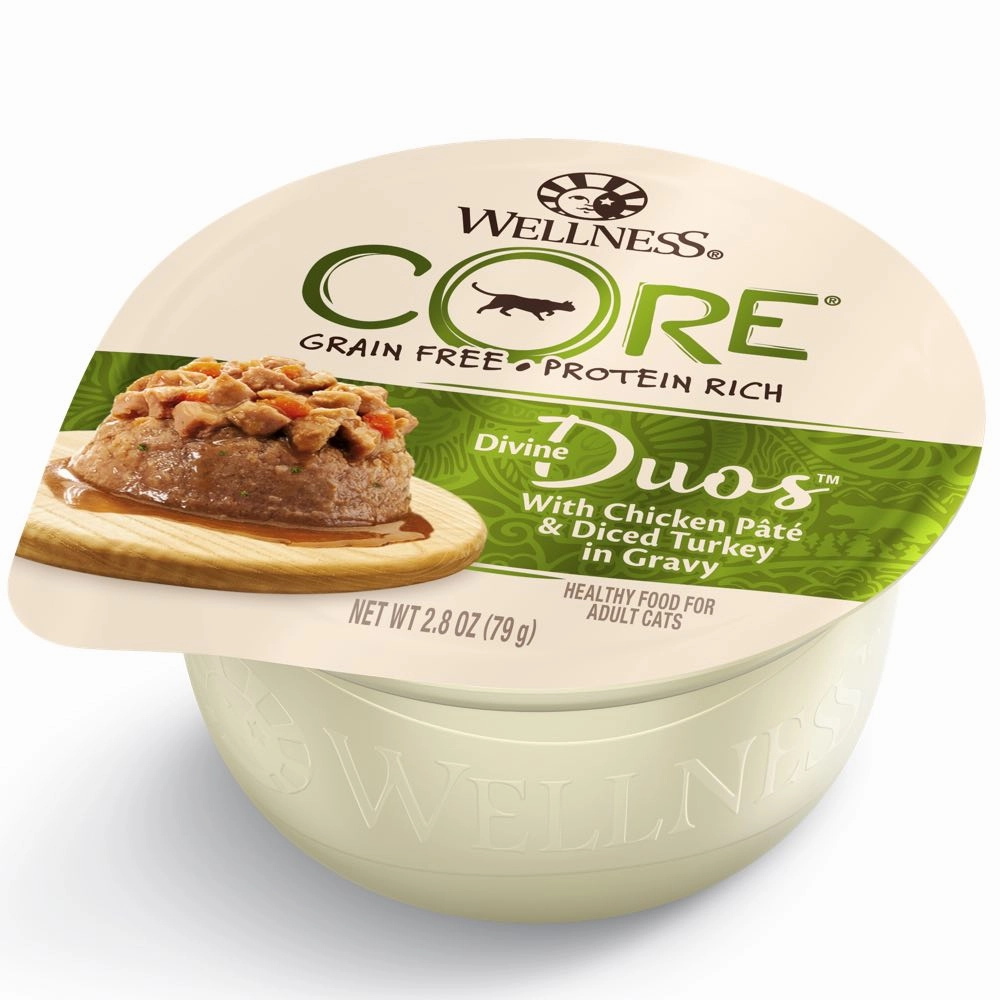 Wellness CORE Divine Duos Chicken Pate & Diced Turkey In Gravy Wet Cat Food 2.8oz cat snacks catnip treats healthy cat food cat reward treats low calorie cat food