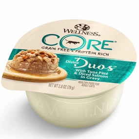 Wellness CORE Divine Duos Tuna Pate & Diced Salmon In Gravy Wet Cat Food 2.8oz cat snacks catnip treats healthy cat food cat reward treats low calorie cat food