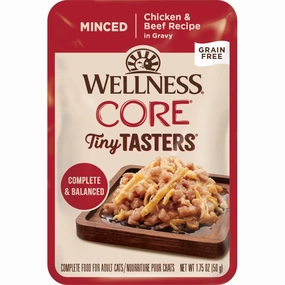 Wellness CORE Tiny Tasters Chicken & Beef Minced Grain-Free Adult Pouch Cat Food 1.75oz cat snacks catnip treats healthy cat food cat reward treats low calorie cat food
