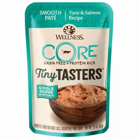 Wellness CORE Tiny Tasters Tuna & Salmon Pate Grain-Free Adult Pouch Cat Food 1.75oz cat snacks catnip treats healthy cat food cat reward treats low calorie cat food