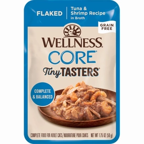 Wellness CORE Tiny Tasters Tuna & Shrimp Flaked Grain-Free Adult Pouch Cat Food 1.75oz cat snacks catnip treats healthy cat food cat reward treats low calorie cat food