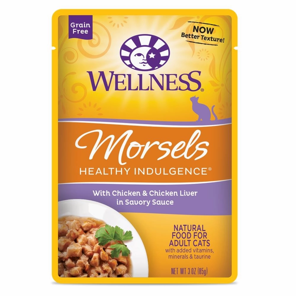 Wellness Healthy Indulgence Morsels Chicken & Chicken Liver In Sauce Grain-Free Pouch Cat Food 3oz cat snacks catnip treats healthy cat food cat reward treats low calorie cat food