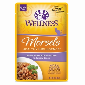 Wellness Healthy Indulgence Morsels Chicken & Chicken Liver In Sauce Grain-Free Pouch Cat Food 3oz cat snacks catnip treats healthy cat food cat reward treats low calorie cat food