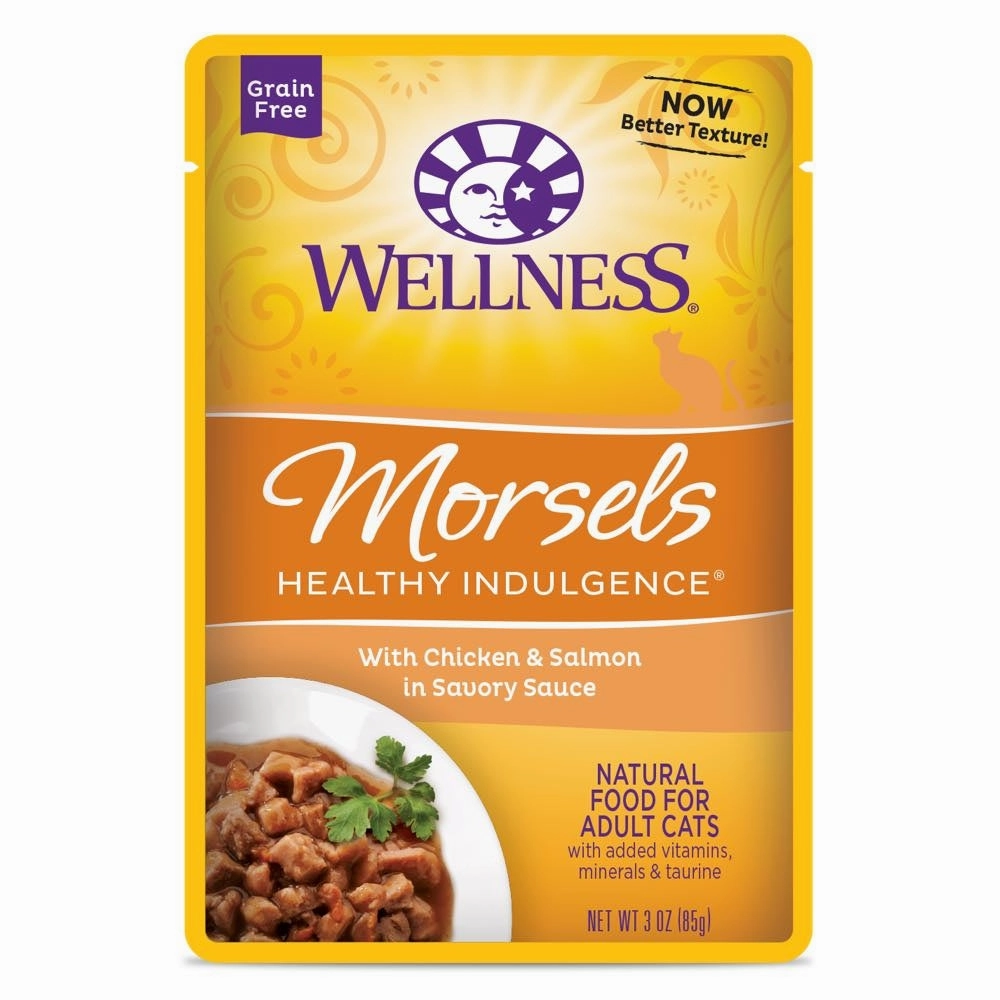 Wellness Healthy Indulgence Morsels Chicken & Salmon In Sauce Grain-Free Pouch Cat Food 3oz cat snacks catnip treats healthy cat food cat reward treats low calorie cat food