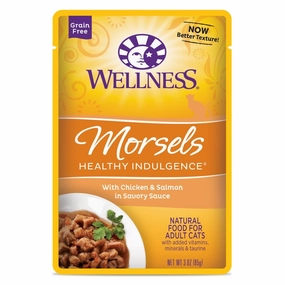 Wellness Healthy Indulgence Morsels Chicken & Salmon In Sauce Grain-Free Pouch Cat Food 3oz cat snacks catnip treats healthy cat food cat reward treats low calorie cat food